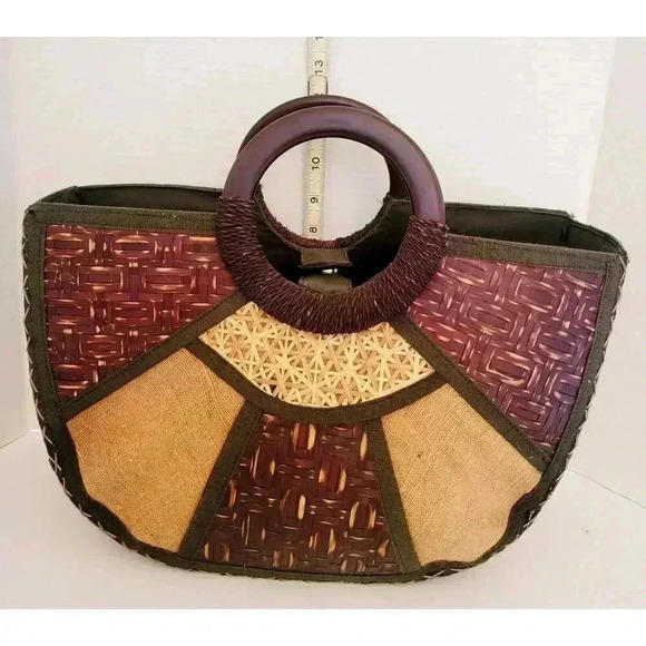 Vintage Unique Wood Exterior Satchel Top Handle Bag Vacation Resortwear Summer - Picture 12 of 12